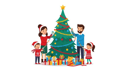 Joyful Christmas Tree Decoration: A family comes together to decorate their Christmas tree with colorful ornaments and lights, surrounded by beautifully wrapped gifts beneath the tree.