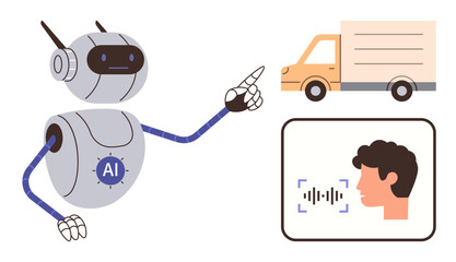 AI robot pointing at delivery truck and voice recognition facial profile interface. Ideal for automation, logistics, machine learning, voice command, transportation, robotics, innovation. Simple flat