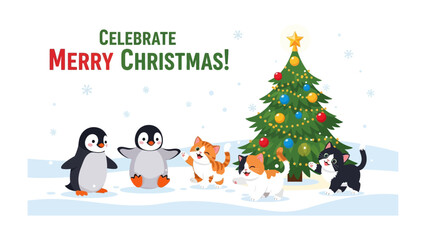 Christmas Cheer with Festive Friends: A delightful Christmas scene unfolds, featuring penguins, playful cats, and a decorated tree amidst a gentle snowfall.