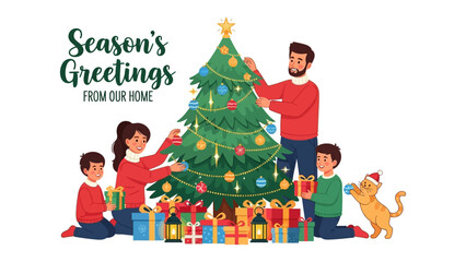 Festive Family and Adorned Christmas Tree: A joyous family adorns the Christmas tree with ornaments, the scene conveying the warm glow of the holiday season and the spirit of togetherness.