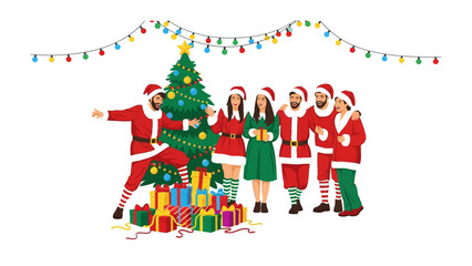 Festive Cheer: A joyful group of friends adorned in Santa outfits gather around a beautifully decorated Christmas tree, a scene of holiday spirit and unity. 