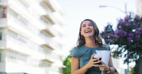 Woman, thinking and happy in city, walk or coffee with documents for research with property...