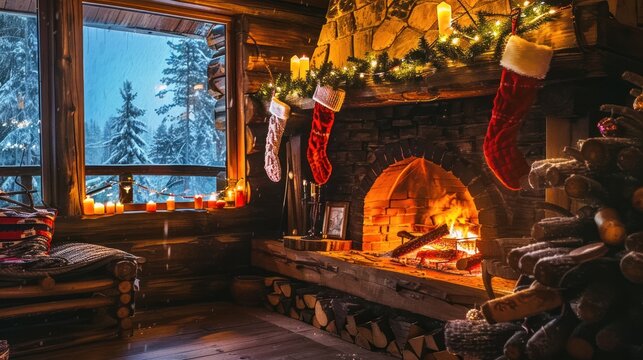 Cozy Log Cabin Living Room with Fireplace and Christmas Decorations in Winter Scene