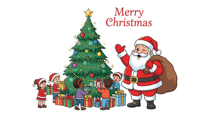 Merry Christmas Greeting: A cheerful Santa Claus winks and waves while holding a sack of gifts next to a beautifully decorated Christmas tree, surrounded by excited children opening presents.