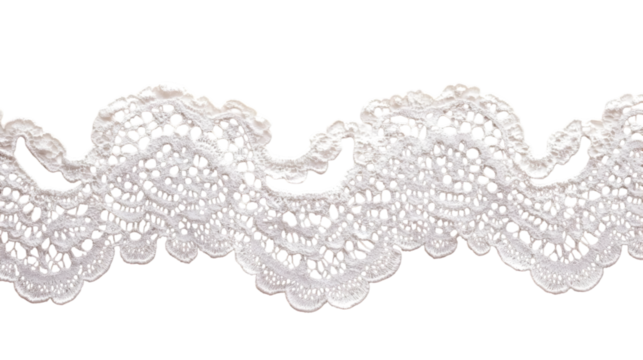 Close up of decorative white lace trim with intricate patterns against a black background texture