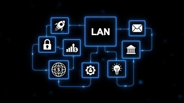 LAN network diagram with icons for security finance growth communication and ideas on a dark background