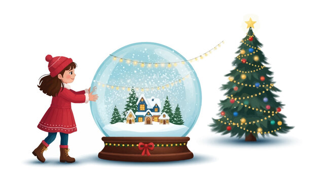 A Winter Wonderland: A young girl, enveloped in a cozy winter coat, gazes with wonder at a magical snow globe, adorned with miniature houses and a lush Christmas tree.