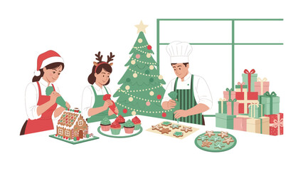 Festive Culinary Creations: A cheerful trio bakes a heartwarming Christmas feast, their faces beaming with holiday spirit and the aroma of sweet treats.