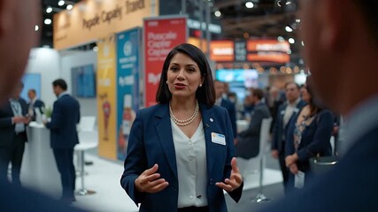 Confident businesswoman in a suit engaging clients and networking at a bustling corporate trade show or industry exhibition, surrounded by professi...
