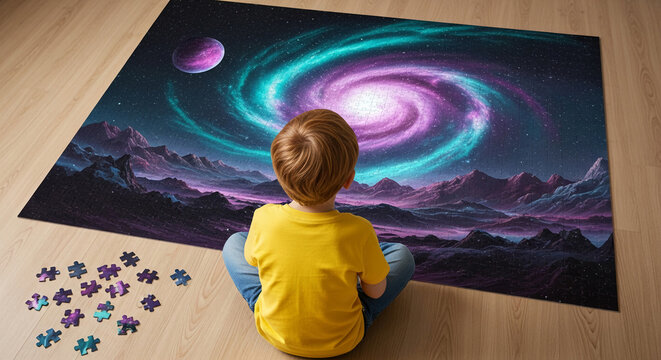 Rear view of seated kid facing a galaxy puzzle on a wooden floor, representing exploration, learning and problem-solving in a cosmic setting - Powered by Adobe