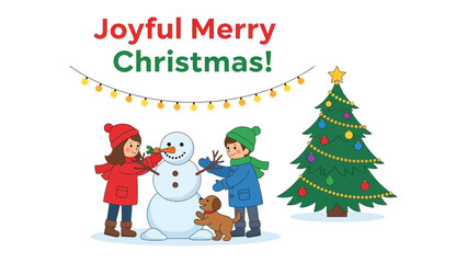 Joyful Merry Christmas Scene: Two children and dog build a snowman next to a decorated Christmas tree, a scene of holiday cheer. 