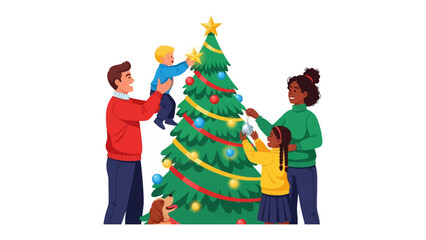Fototapeta premium Festive Family: A family decorates a Christmas tree, creating a scene of holiday cheer. The joy and togetherness of this timeless tradition are beautifully illustrated.