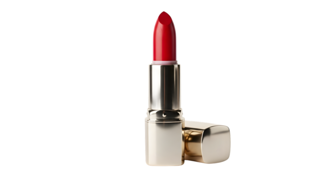 Red lipstick tube with gold cap isolated on transparent background