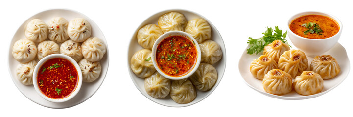 Set of Delicious steamed momos neatly arranged on a white plate with spicy red dipping sauce on transparent png background. Ai generated