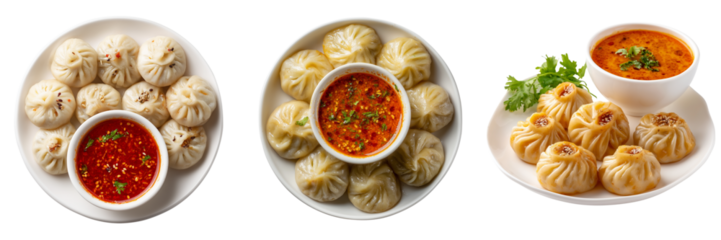 Set of Delicious steamed momos neatly arranged on a white plate with spicy red dipping sauce on transparent png background. Ai generated