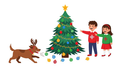 Joyful Christmas Celebration: A heartwarming scene unfolds with a beautifully adorned Christmas tree, two children and playful dog reveling in the holiday spirit.