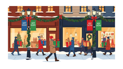 Holiday Shoppers: Capture the spirit of the season, shoppers walking on sidewalk with colorful lights and gifts. A perfect Christmas season day.