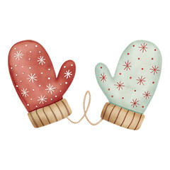Watercolor Christmas mittens with snowflake pattern