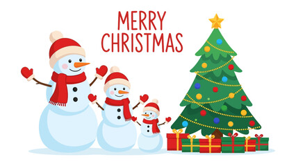 Joyful Christmas Scene: A charming illustration capturing the warmth of the season, features cheerful snowmen and a decorated Christmas tree, evoking festive spirit.