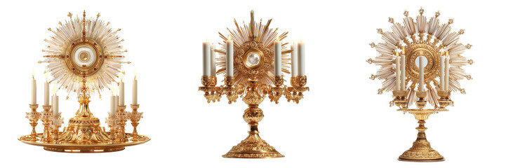 Set of Golden Catholic monstrance for Eucharistic adoration ornate and detailed craftsmanship on transparent png background. Ai generated