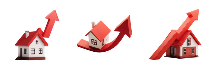 Set of Real estate growth chart with ascending bars made of miniature houses on transparent png background. Ai generated