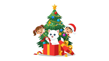 Festive Christmas: A charming festive scene unfolds with a beautifully decorated christmas tree as the center piece, while happy children play and a cute kitten emerges from a gift box