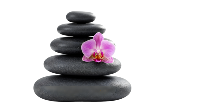 Stacked spa stones with pink orchid isolated on transparent background - Powered by Adobe