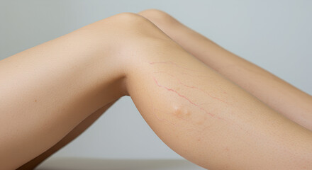 Close up of female legs with visible varicose and spider veins. Medical concept illustrating early stage varicose disease, vascular problems and skin condition in clinic environment.