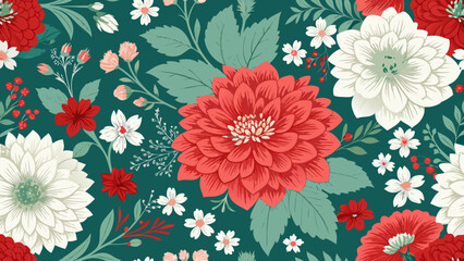 seamless floral pattern, Seamless vector floral pattern with red and white dahlias on a dark green background. A beautiful, elegant, and decorative botanical illustration perfect for textile design, 