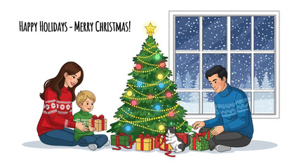Holiday Moments: A heartwarming scene unfolds as a family gathers around a festively decorated Christmas tree, exchanging gifts and sharing the joy of the holiday season.