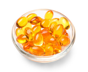 Bowl with vitamin E capsules on white background