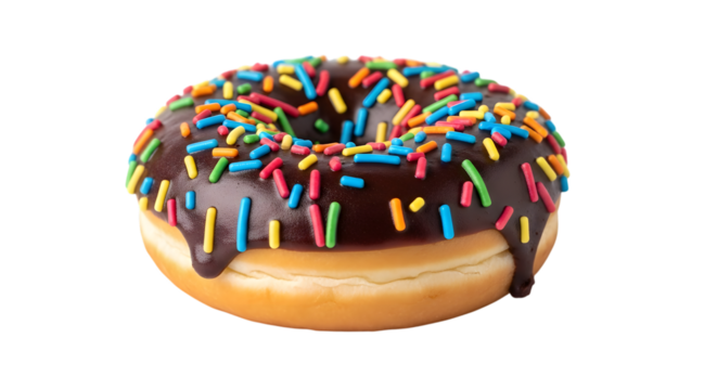 Chocolate frosted donut with colorful sprinkles isolated on transparent background - Powered by Adobe