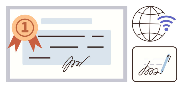 Diploma with award ribbon, signature, and globe with wireless icon. Ideal for education, certification, achievement, digital credentials, recognition e-learning and professional growth. Clean flat