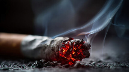 A macro close up of a smoldering cigarette tip with smoke rising. The ash falls away
