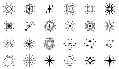 Vector set of AI magic stars and celestial sparkles featuring radiant bursts, glowing comets, and cosmic energy symbols in minimalist style, perfect for futuristic, digital, and tech-inspired designs.