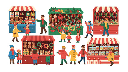 Holiday Market Stalls: A vibrant holiday market scene bustling with families, showcasing an array of festive products and holiday cheer. capturing the essence of the holiday spirit.