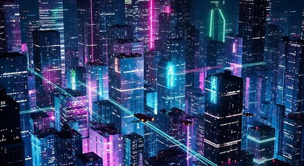 Futuristic cityscape with neon lights and flying vehicles at night