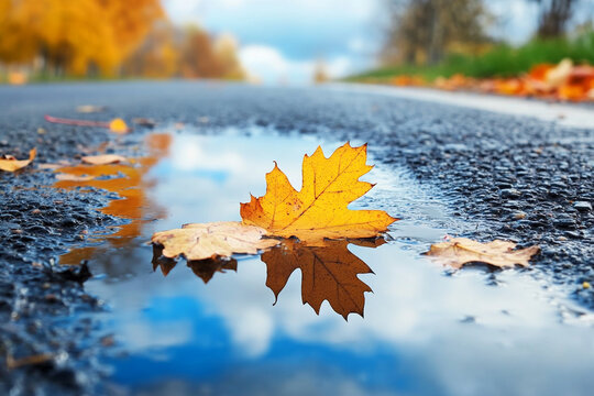 Golden autumn leaves floating on puddle, mirroring the blue sky