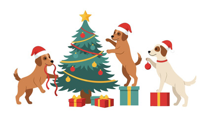 Festive Pup Preparations: A heartwarming scene unfolds as three cheerful canine companions don Santa hats and deck the Christmas tree with ornaments and presents.