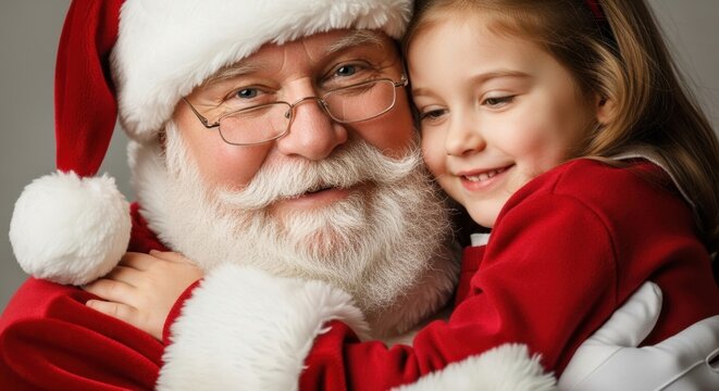 Santa claus hugging a smiling little girl in red dress, christmas holiday concept.