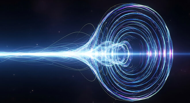 Abstract glowing blue particle vortex with light beam on black background