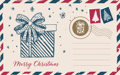 Christmas mail, postcard, hand drawn illustration.	
