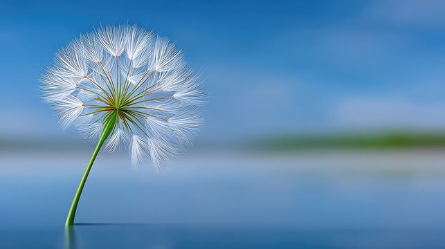 Close Up Photo Of A Fluffy Dandelion Seed Head With A Green Stem Standing Tall Against A Softly Blurred Blue Sky And Water Background On A Sunny Day With Gentle Lighting