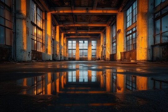 Interior of an abandoned industrial building with large windows reflecting golden light on wet concrete floor creating a moody and atmospheric scene