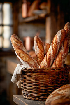 Freshly baked artisan bread loaves arranged in a rustic wicker basket, showcasing golden crusts and inviting textures in a warm, cozy kitchen environment