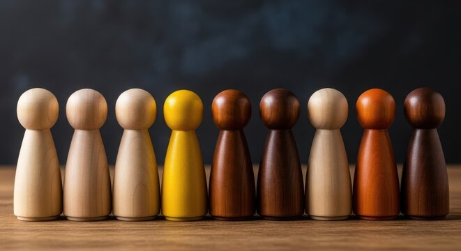 Diverse group of wooden peg dolls representing different races and ethnicities