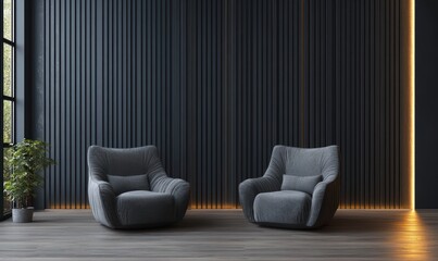 Two modern gray armchairs with cushions placed on wooden floor against textured dark vertical panel wall with warm ambient lighting and a potted plant on the side