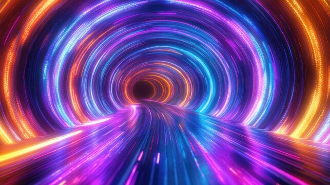 Vibrant swirling tunnel with neon blue, purple, and orange lights forming concentric circles around a glowing path creating a futuristic and dynamic atmosphere