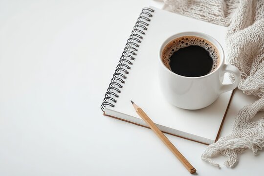 White cup of black coffee on open blank spiral notebook with wooden pencil and cozy knitted blanket on white surface conveying calm morning and inspiration - Powered by Adobe