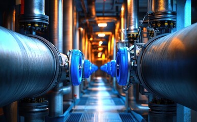 Industrial corridor with large metallic pipes and bright blue valve handles in a highly engineered and clean mechanical environment under focused warm lighting